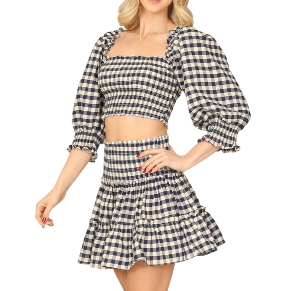 Olivaceous Navy Plaid Puff Sleeve Smocked Crop Top Ruffle Skirt Set